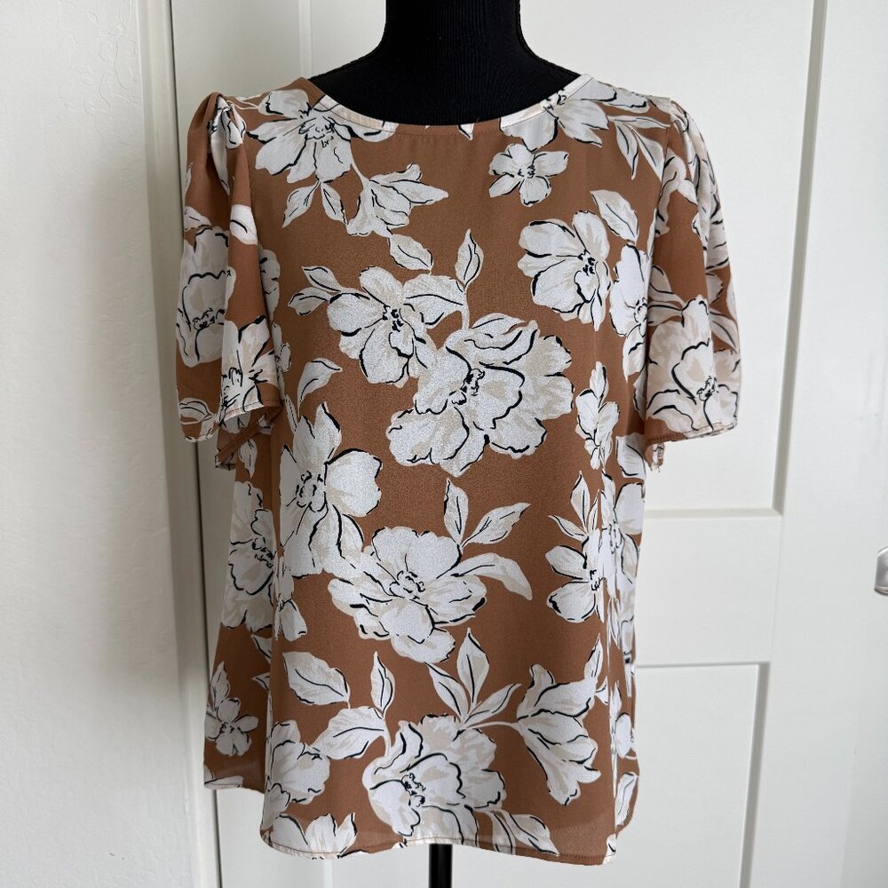 Women's Ann Taylor Factory Brown Floral Short Sleeve Blouse Size Petite M